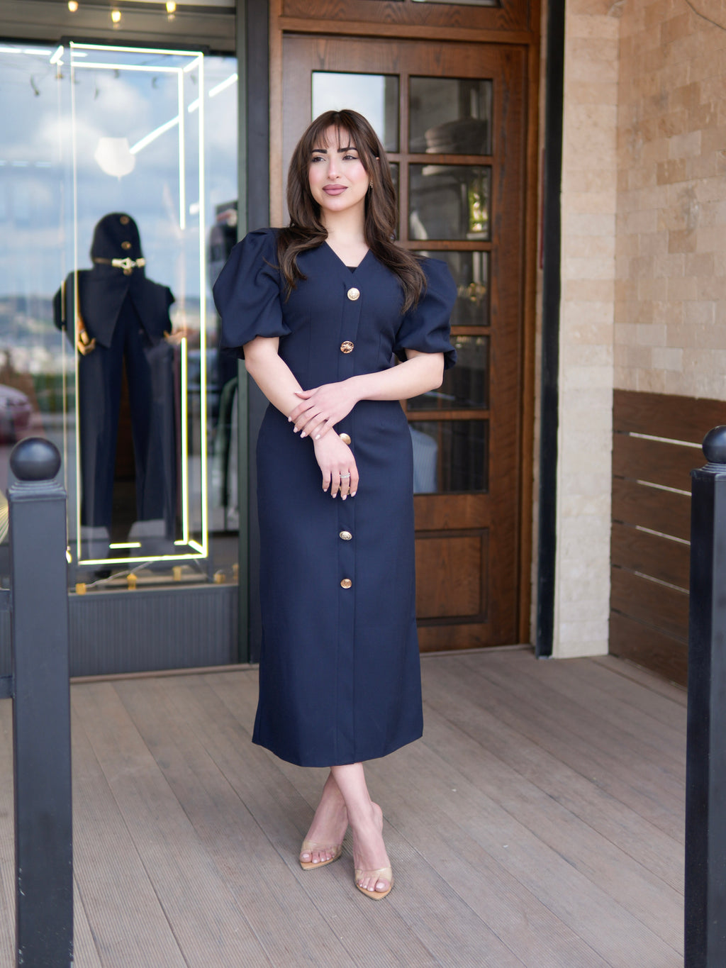 Navy Gold Button Midi Dress