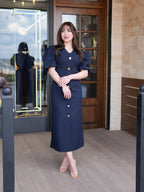 Navy Gold Button Midi Dress