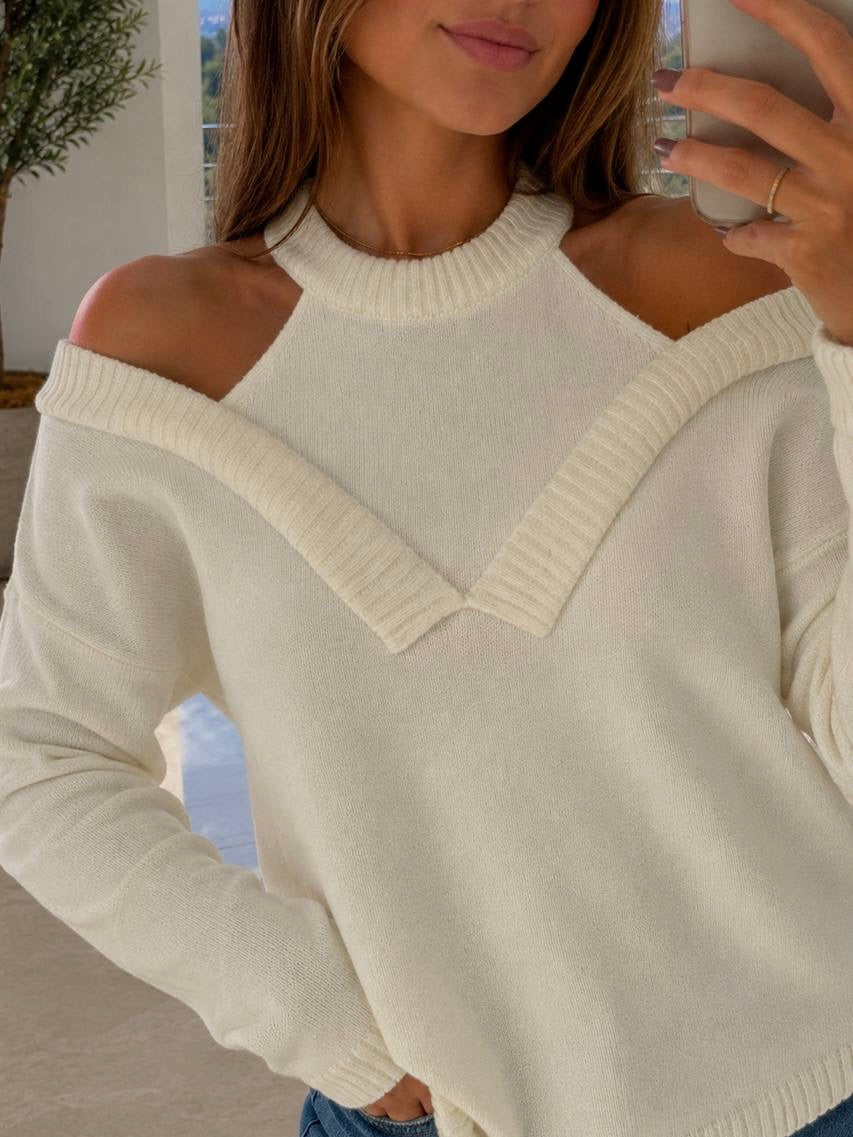 White Cut-Out Shoulder Knit Sweater
