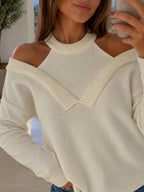 White Cut-Out Shoulder Knit Sweater