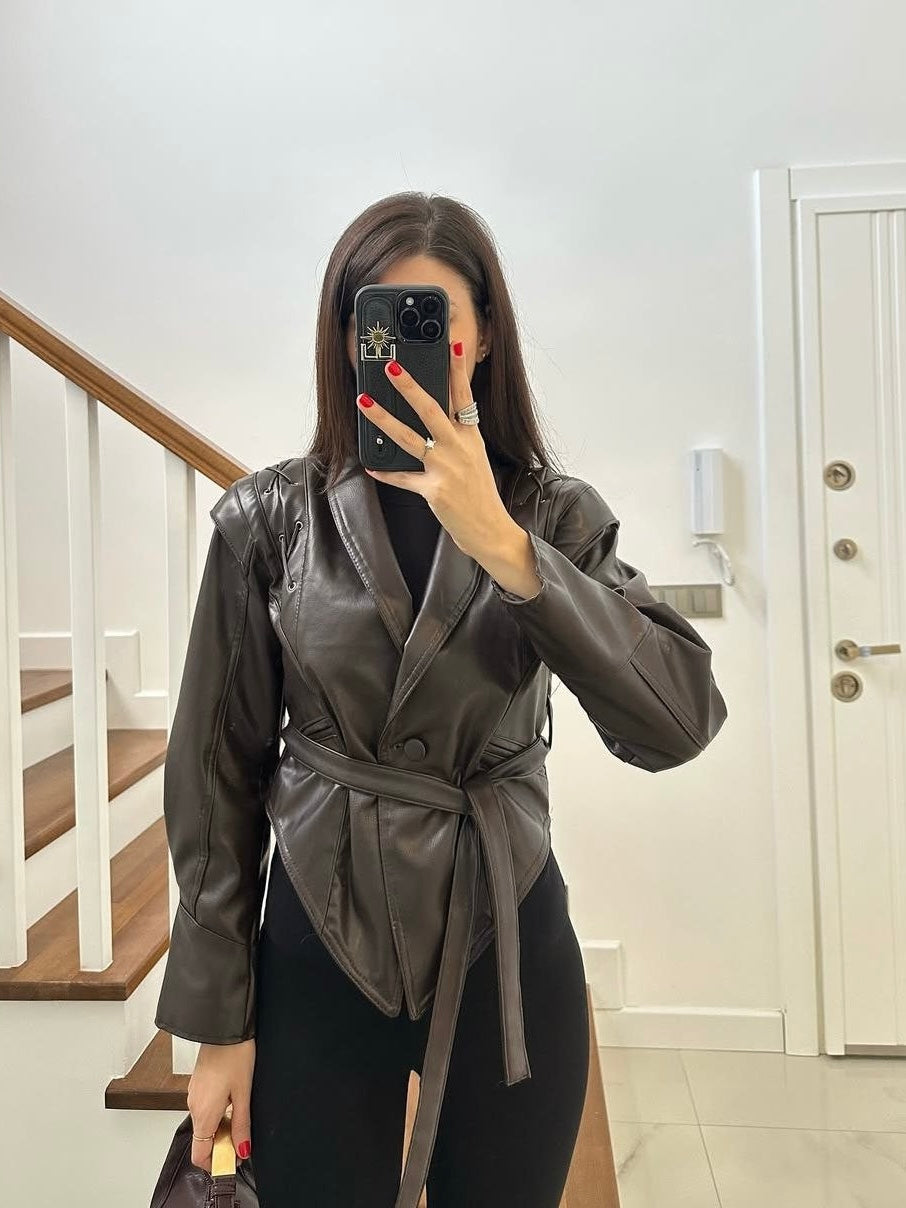 Brown Belted Leather Jacket