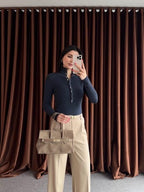 Navy Button Ribbed Top