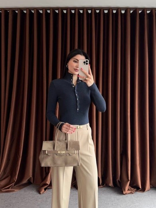 Navy Button Ribbed Top