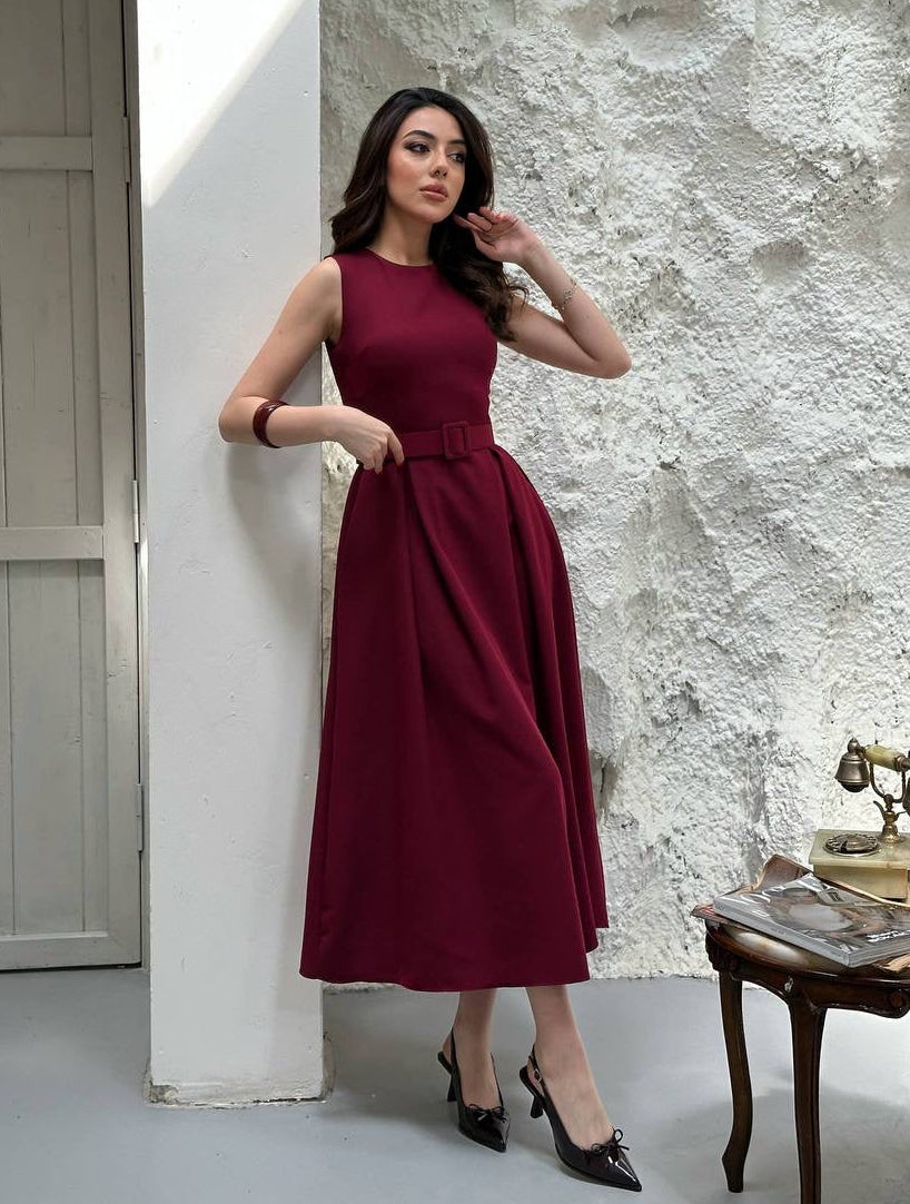 Burgundy Belted Midi Dress