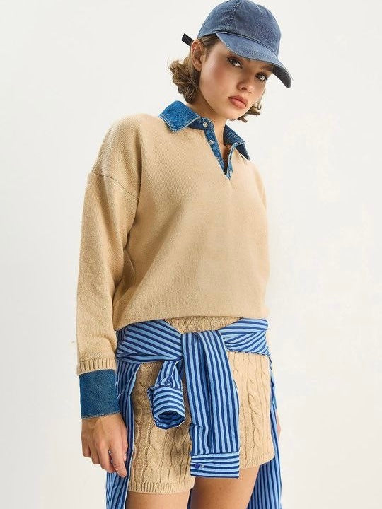 Beige Sweater with Denim