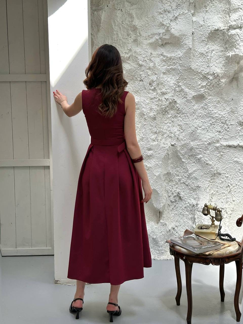Burgundy Belted Midi Dress