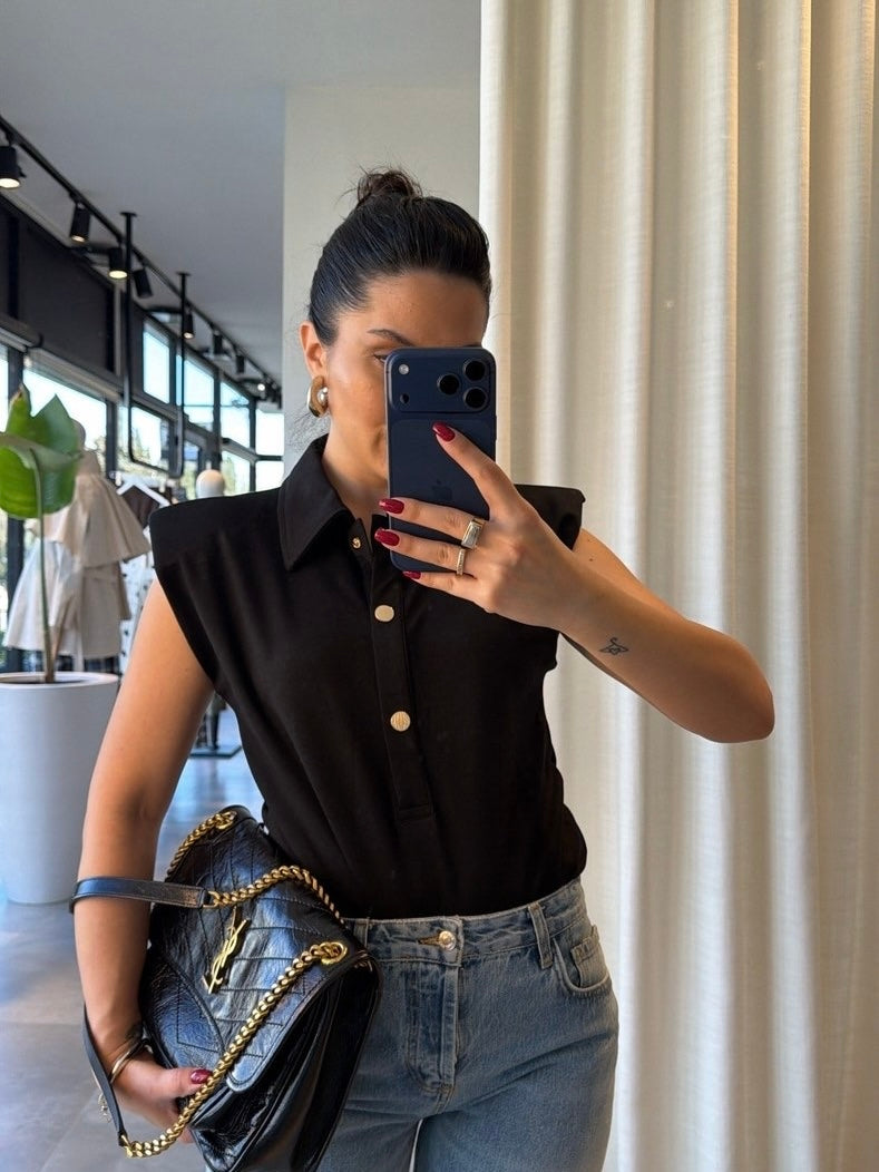 Black Sleeveless Button Polo Bodysuit