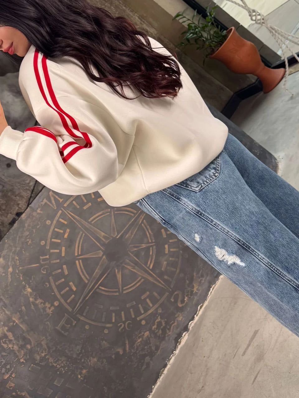 White Sweatshirt with Red Stripes