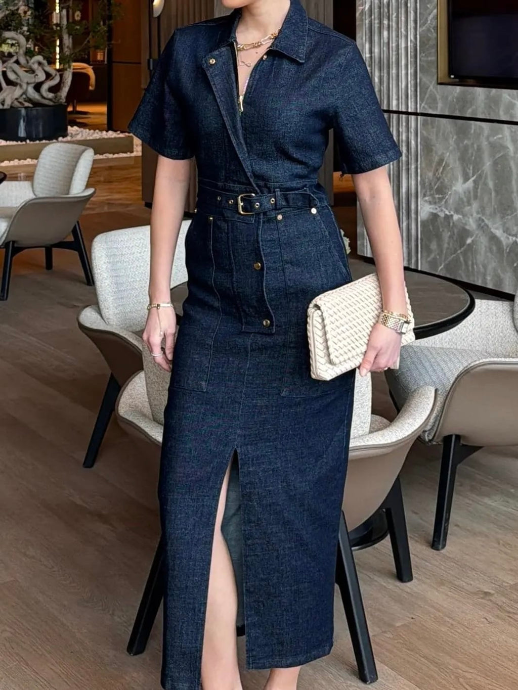 Midnight Denim Belted Dress