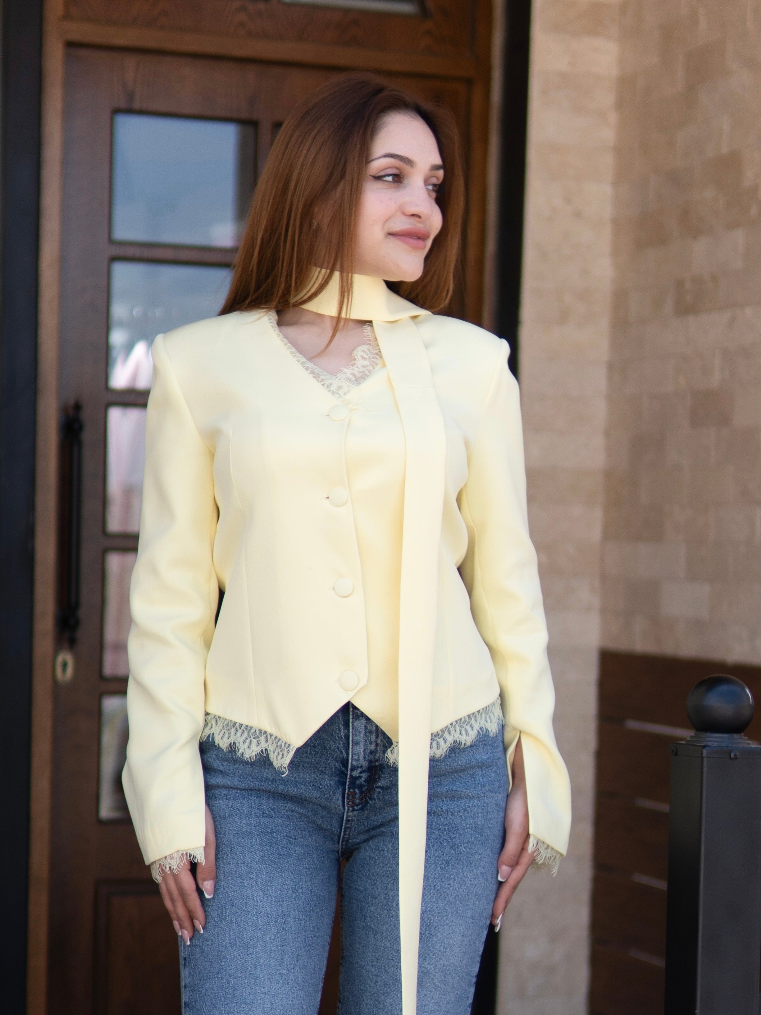 Yellow Lace Trim Tie-Neck Blazer