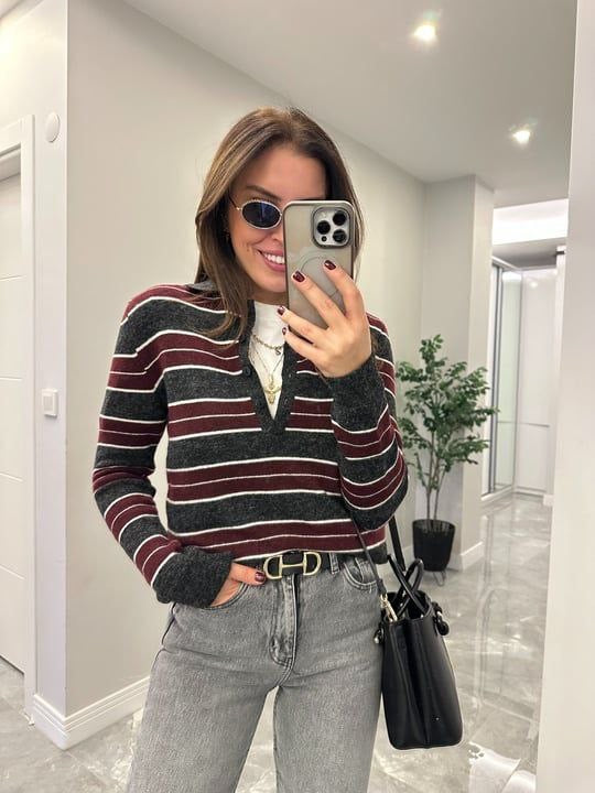 Burgundy Striped Knit Polo Sweater