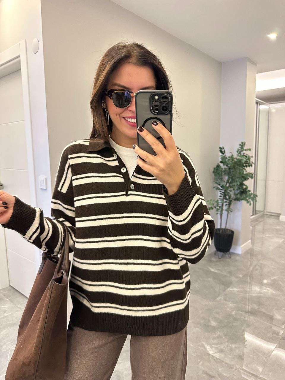 Brown Striped Polo Sweater