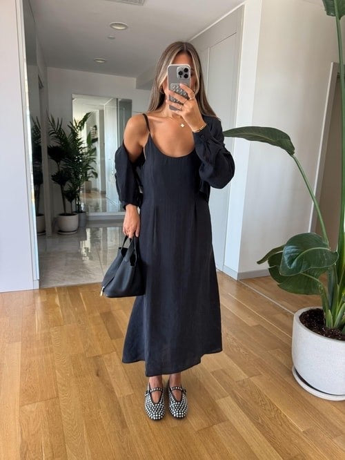 Black Linen Midi Dress Set