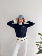 Navy Contrast Trim Zip-Up Knit Top
