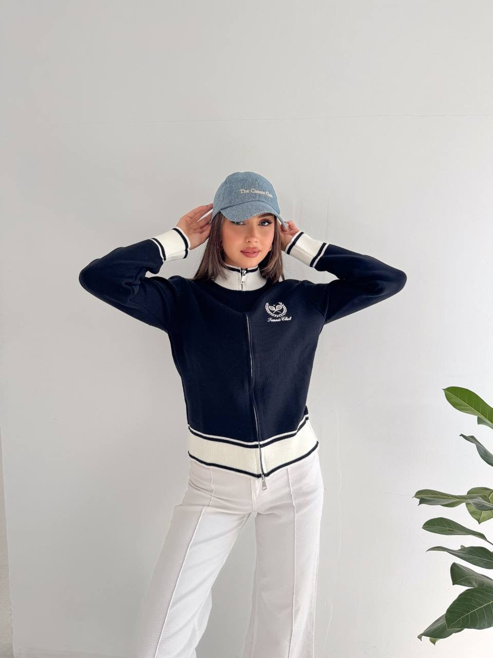 Navy Contrast Trim Zip-Up Knit Top