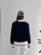 Navy Contrast Trim Zip-Up Knit Top