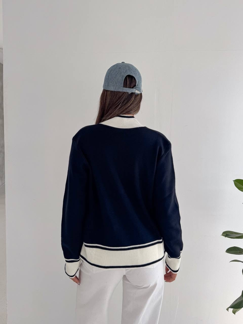 Navy Contrast Trim Zip-Up Knit Top