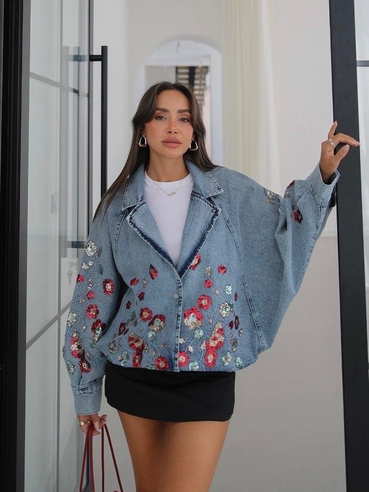 Embroidered Floral Denim Blazer