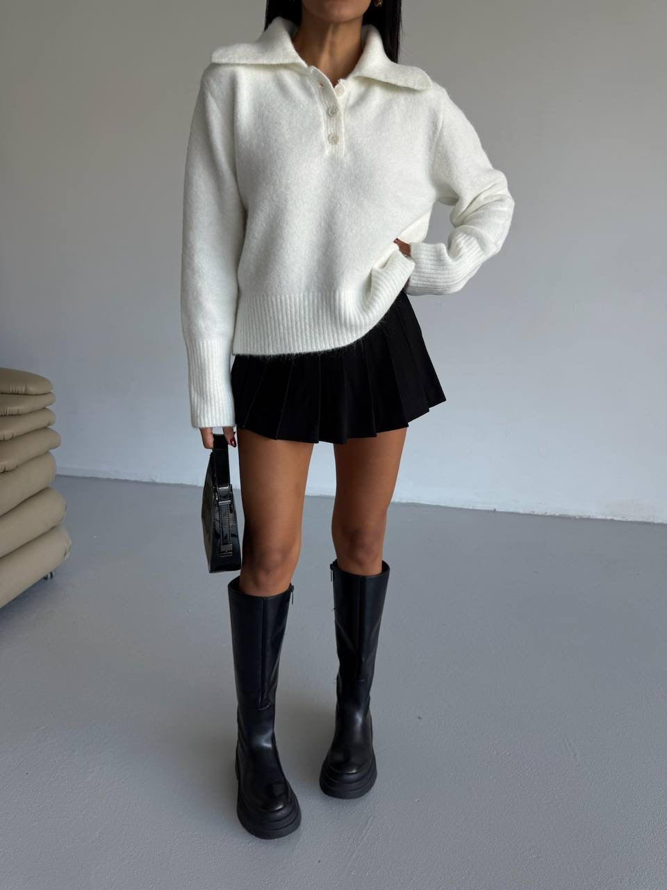 Open-Collar Knit Sweater