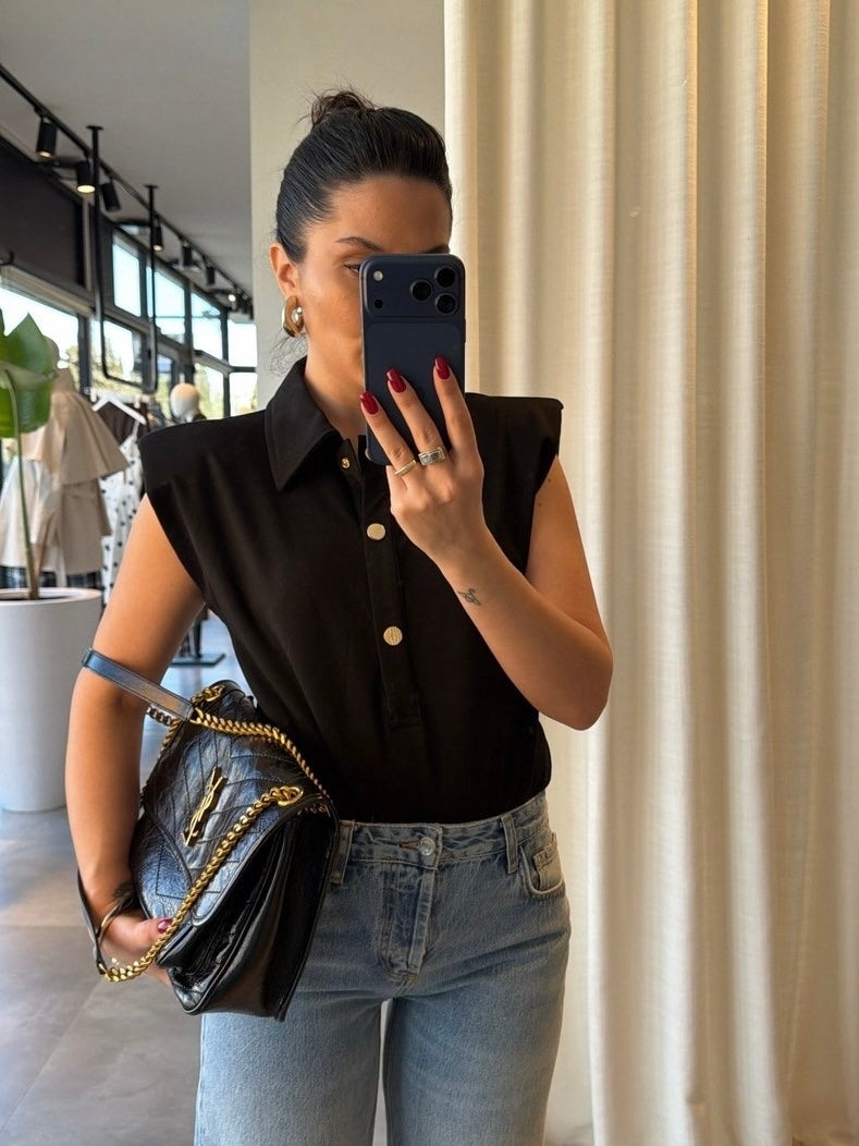 Black Sleeveless Button Polo Bodysuit
