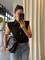 Black Sleeveless Button Polo Bodysuit