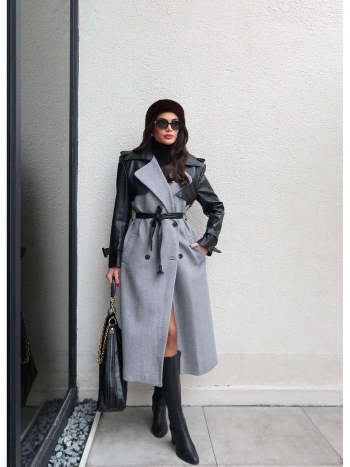 Grey Leather Sleeve Long Coat