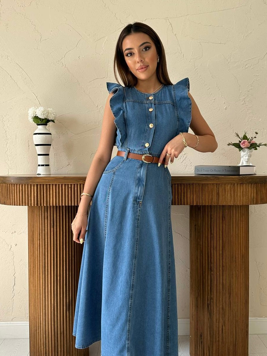 Denim Dress with Belt