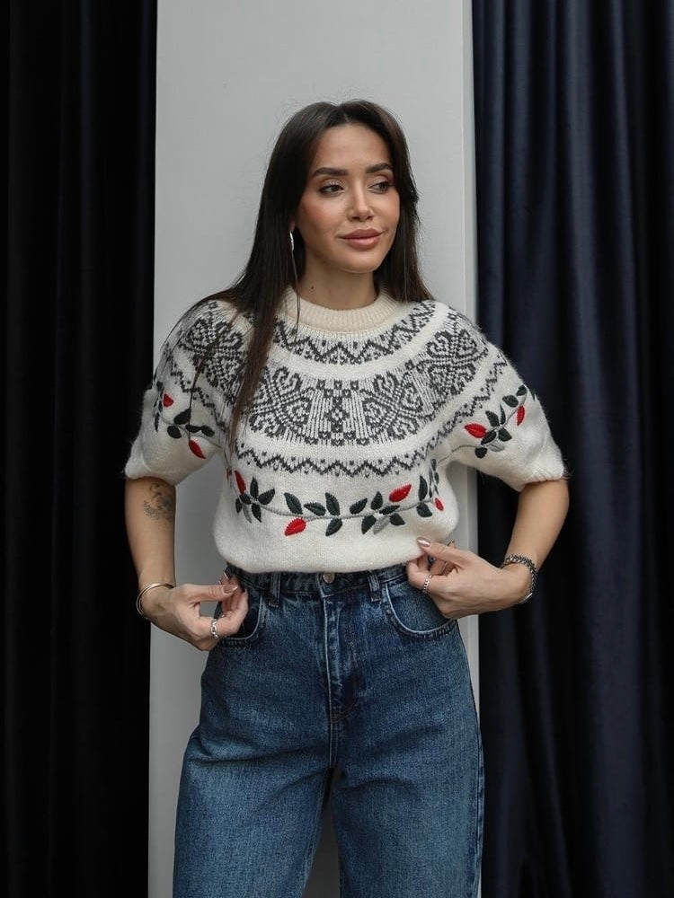 Ivory Fair Isle Embroidered Knit Top