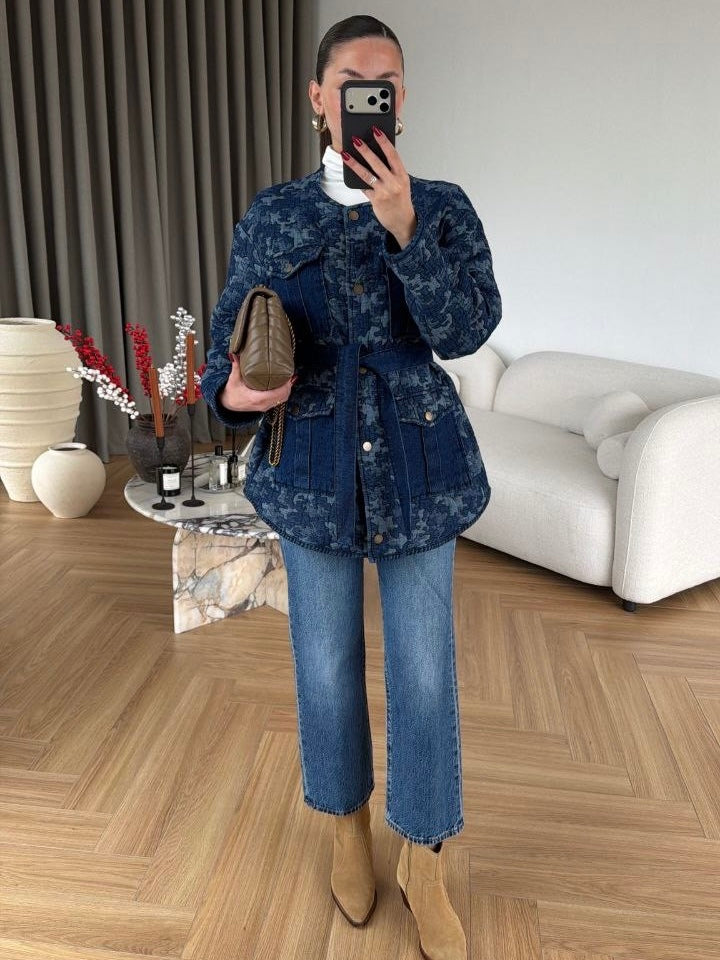 Denim Pattern Belted Jacket