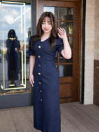 Navy Gold Button Midi Dress