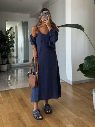 Navy Linen Midi Dress Set