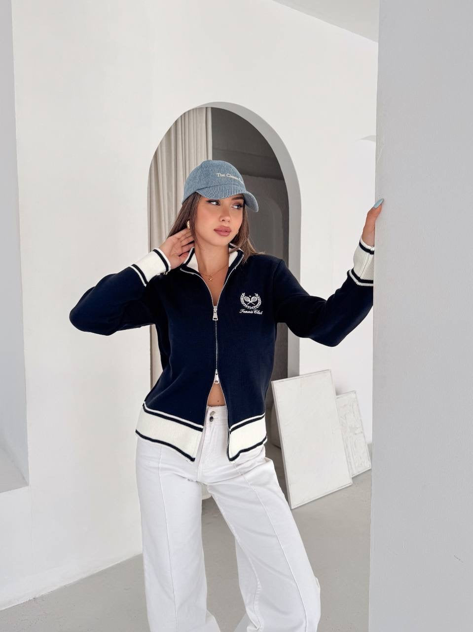 Navy Contrast Trim Zip-Up Knit Top