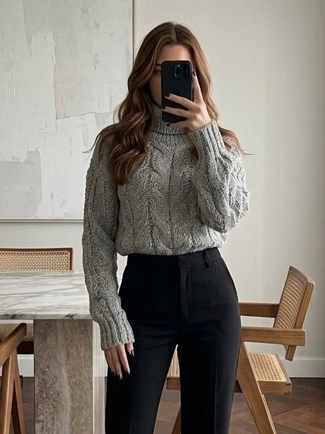 Grey Cable Knit Turtleneck Sweater