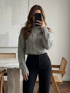 Grey Cable Knit Turtleneck Sweater
