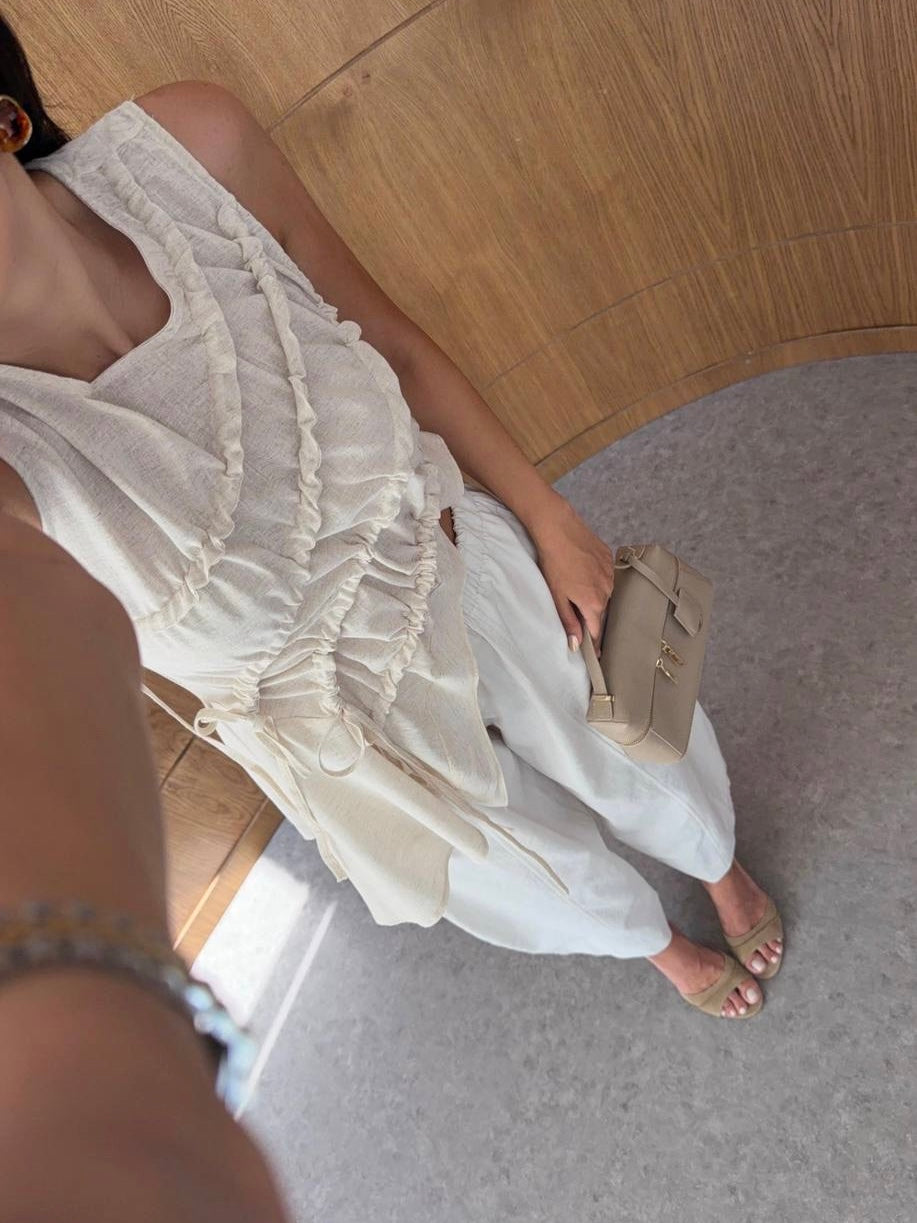 Ruched Asymmetric Linen Top