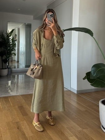 Olive Linen Midi Dress Set