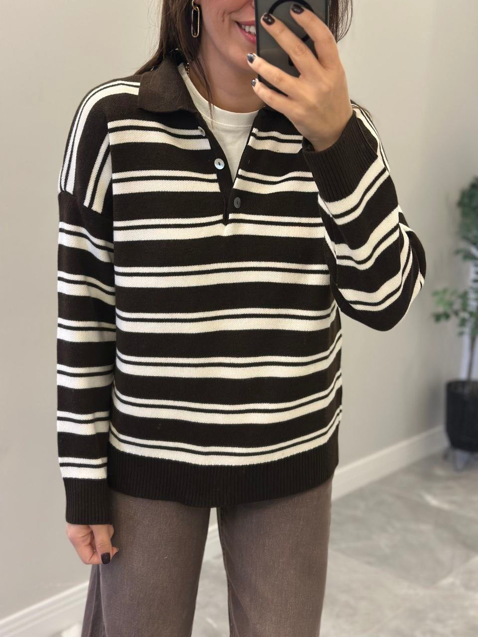 Brown Striped Polo Sweater
