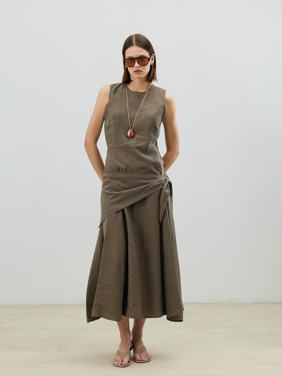 Olive Wrap Detail Midi Dress