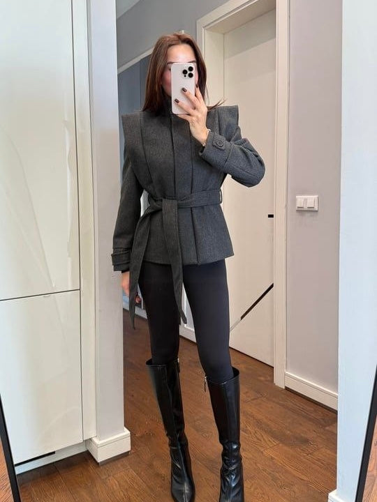 Grey Belted Structured Jacket