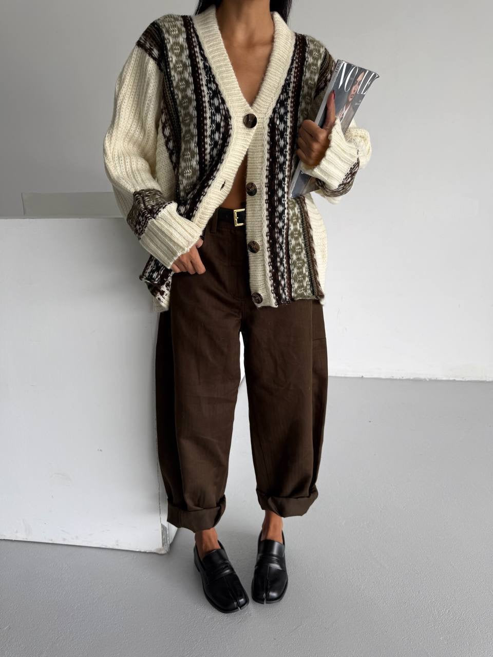 Cream Geometric Knit Cardigan