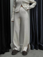Beige Ribbed Knit Zip-Up Set