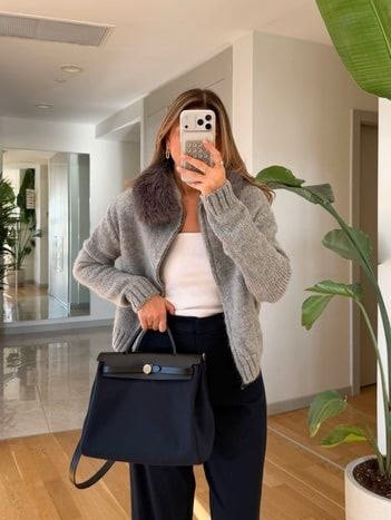 Grey Fur Collar Cardigan