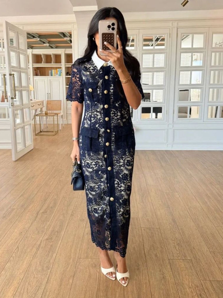 Navy Lace Buttoned Elegance Dress