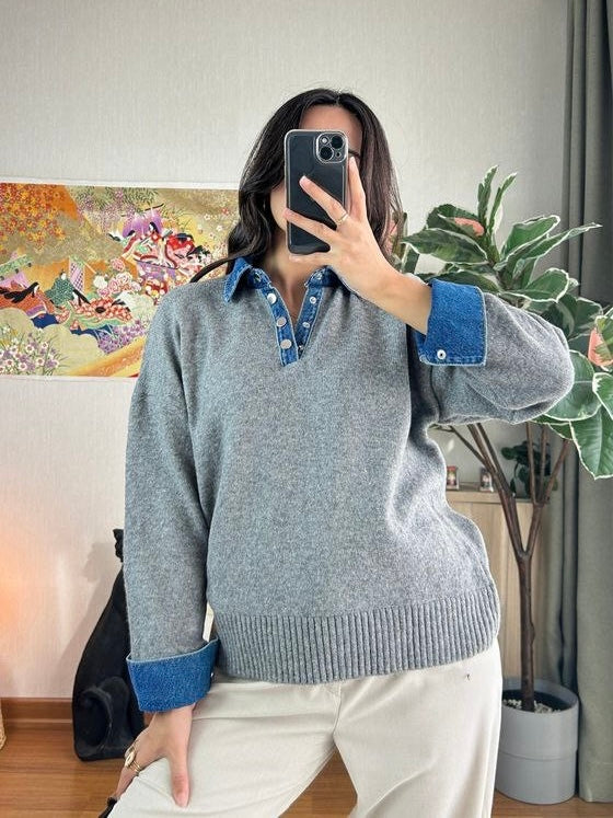 Grey Wool Knit Sweater with Denim
