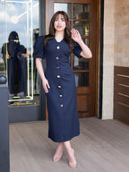 Navy Gold Button Midi Dress