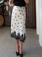 Polka Dot Lace Hem Midi Skirt