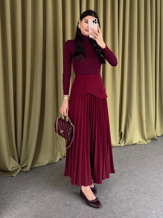 Burgundy Pleated Skirt