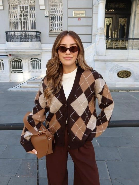 Brown Argyle Knit Cardigan