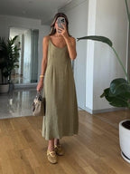 Olive Linen Midi Dress Set