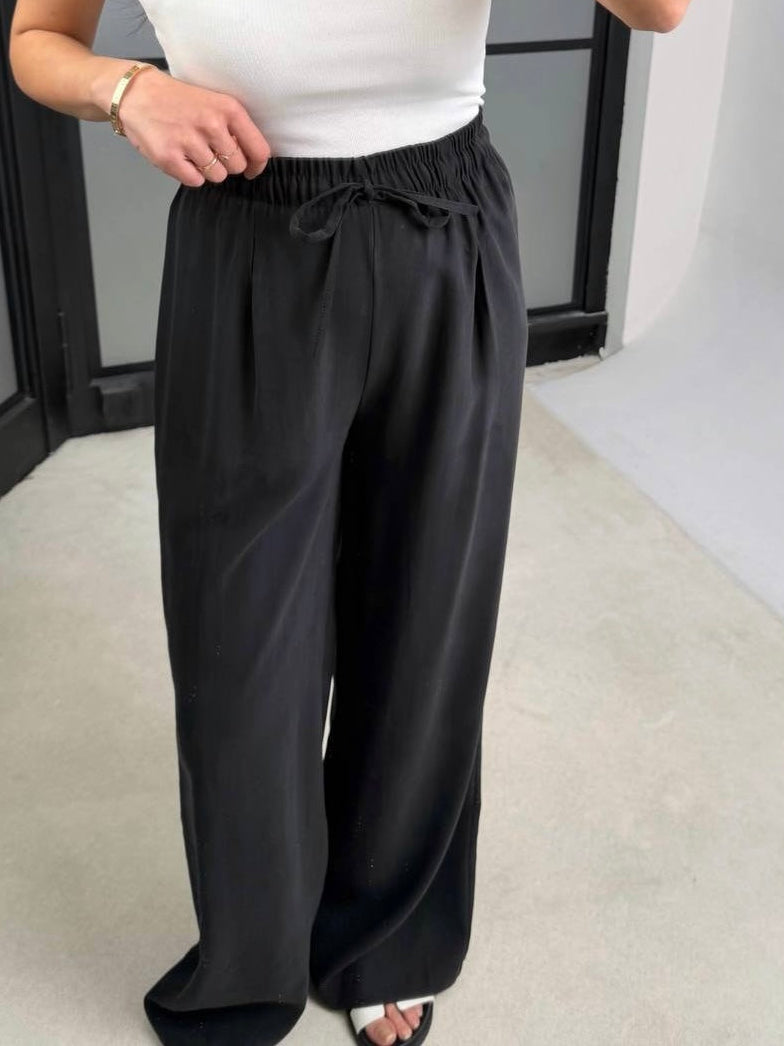 Black Wide-Leg Drawstring Pants